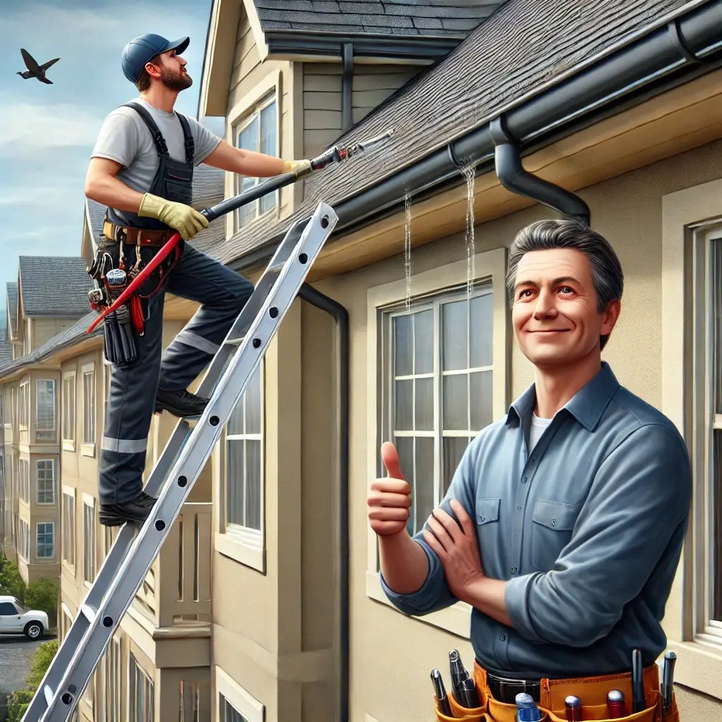 DALL·E 2024-09-12 15.57.50 - A realistic image of a professional gutter cleaning service being performed at an apartment complex. The scene shows a skilled worker on a ladder, car